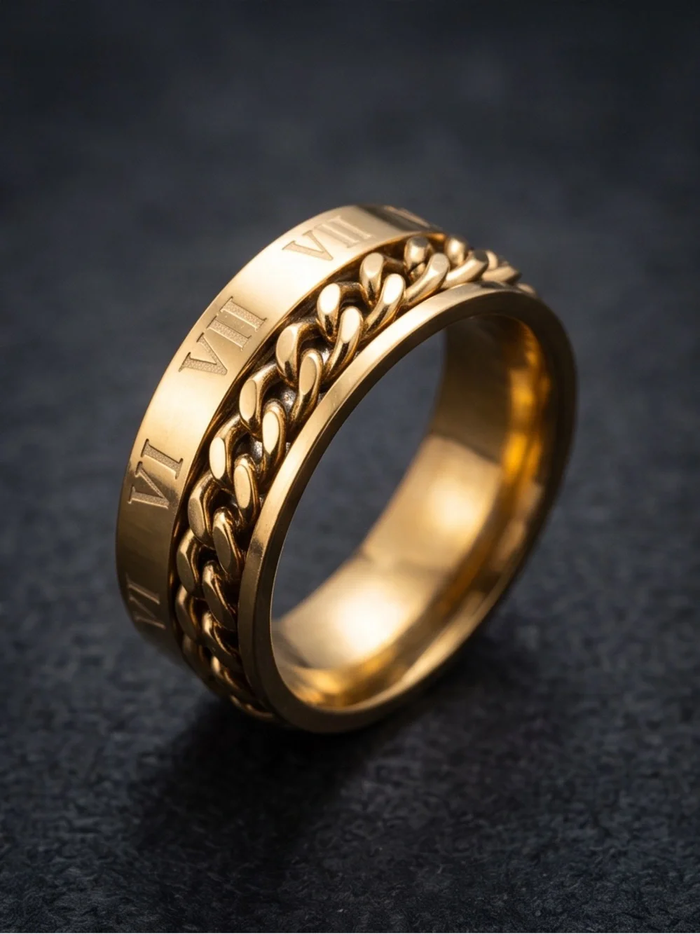 Men's Roman Numeral Chain Spinner Ring – Size 9 (Stainless Steel / Gold Finish)